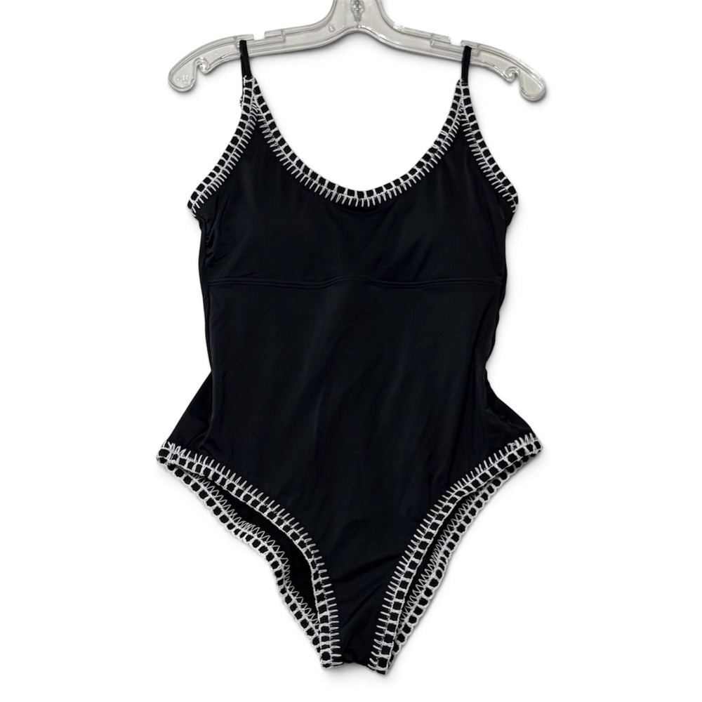 Gianni Bini One Piece Swimsuit L Black Women White Whipstitch High Cut Excellent
